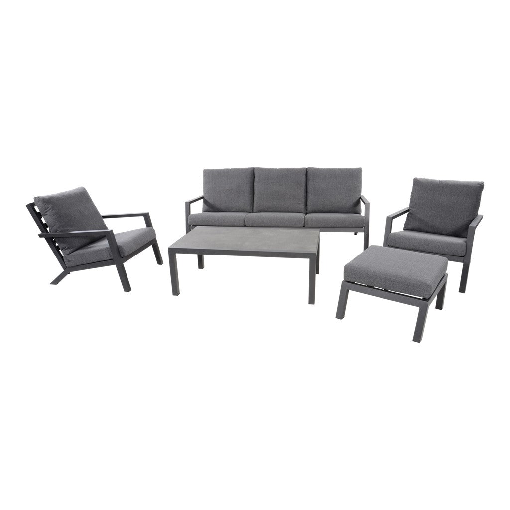 Loungeset met grijze zitbank en twee fauteuils, metalen frame