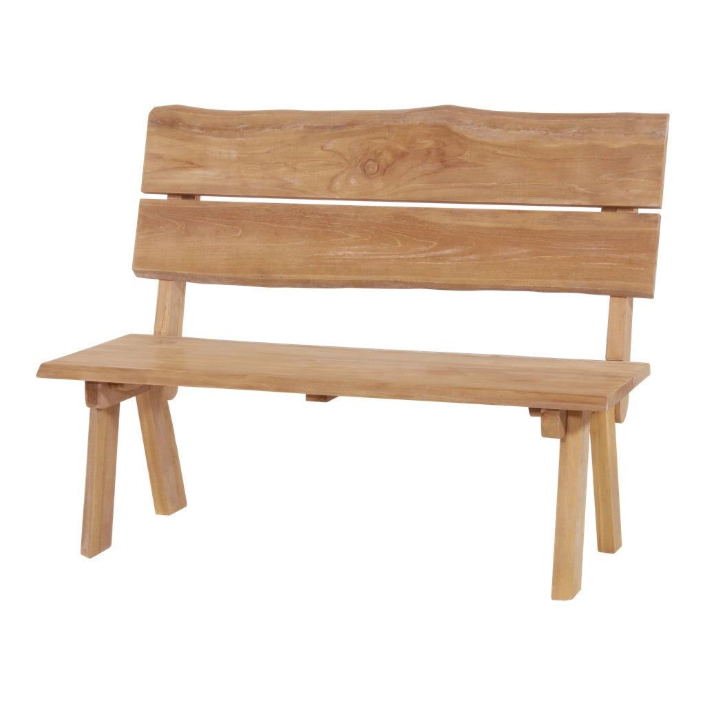 Teakhouten boomstam bank 130 cm met brede houten zitting en rugpaneel