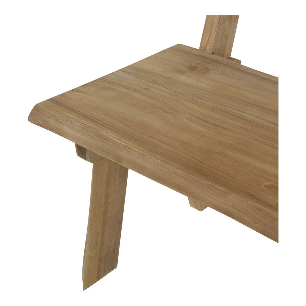 Teak boomstam bank: robuuste houten bladzitting en gebogen boomstamlook poten