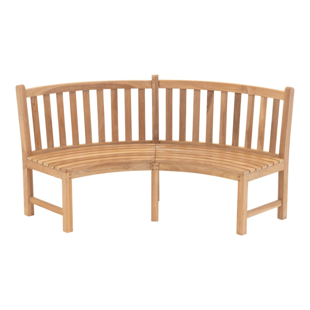 Ronde teakhouten bank met hoge rugleuning en open lamellen, 200 cm breed