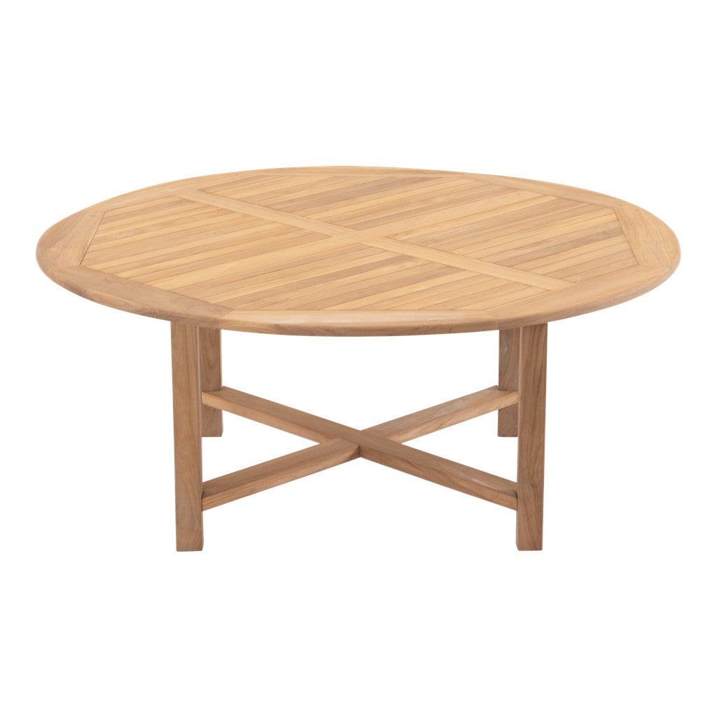Ronde teakhouten tafel met visgraatblad en X-vormig onderstel
