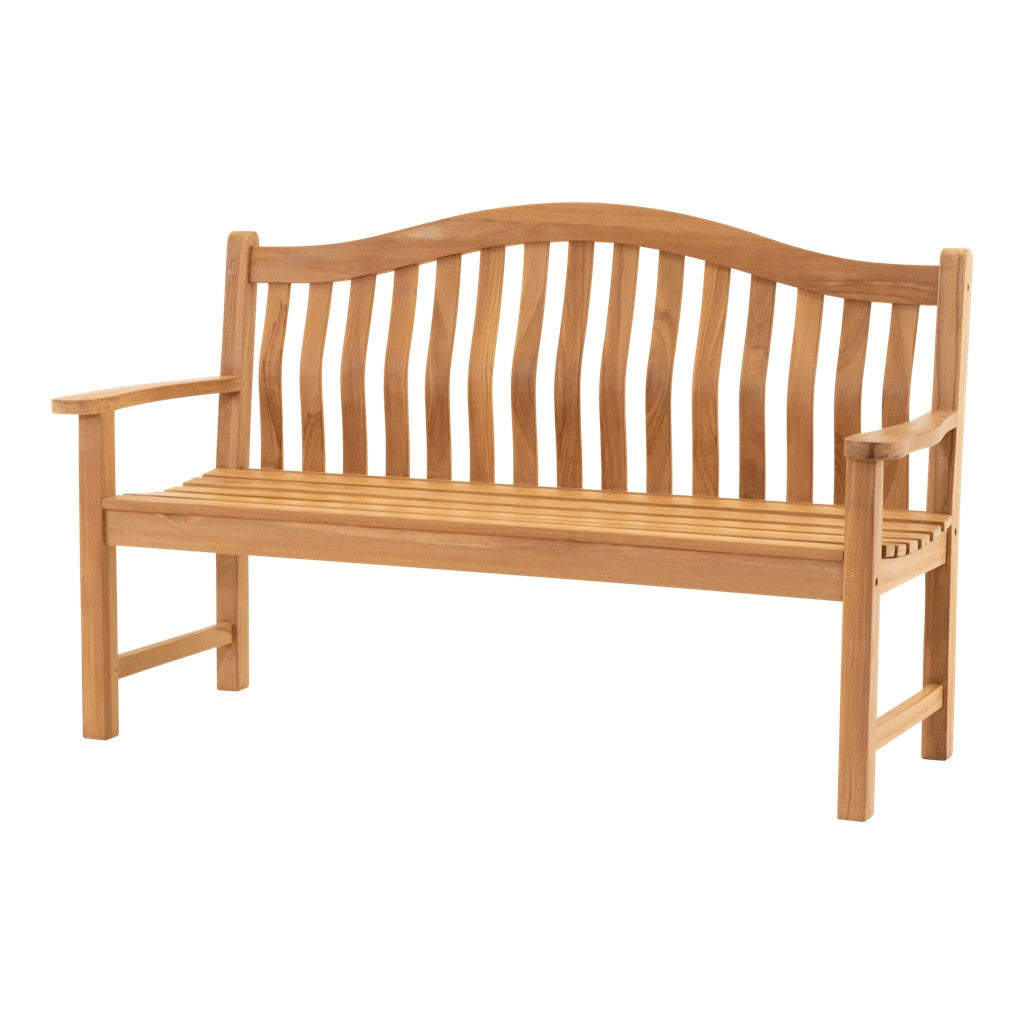Teakbank met armleuningen en verticale ruglatten, brede houten zitting, houtkleurig