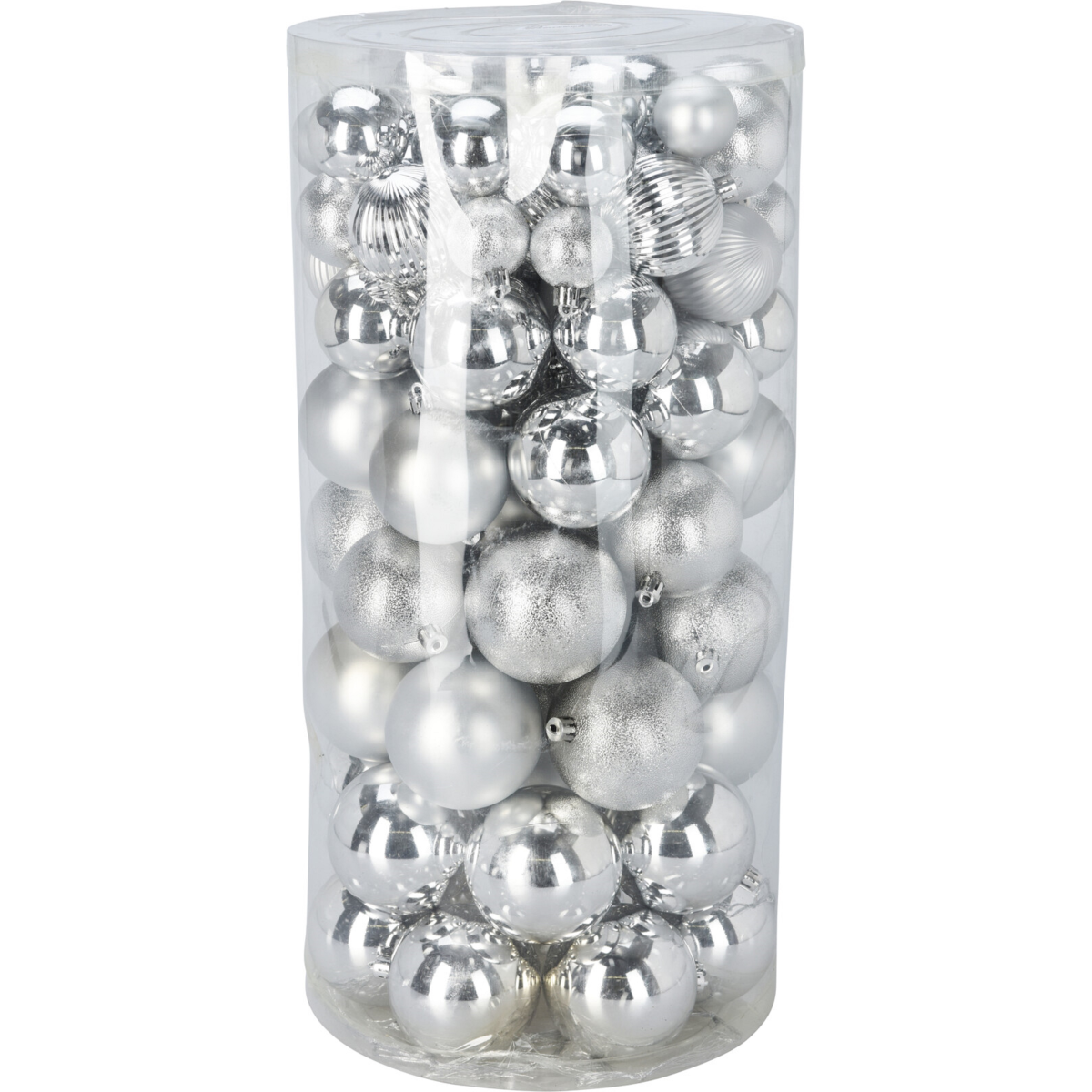 Zilverkleurige kunststof kerstballen (100 stuks) in doorzichtige koker