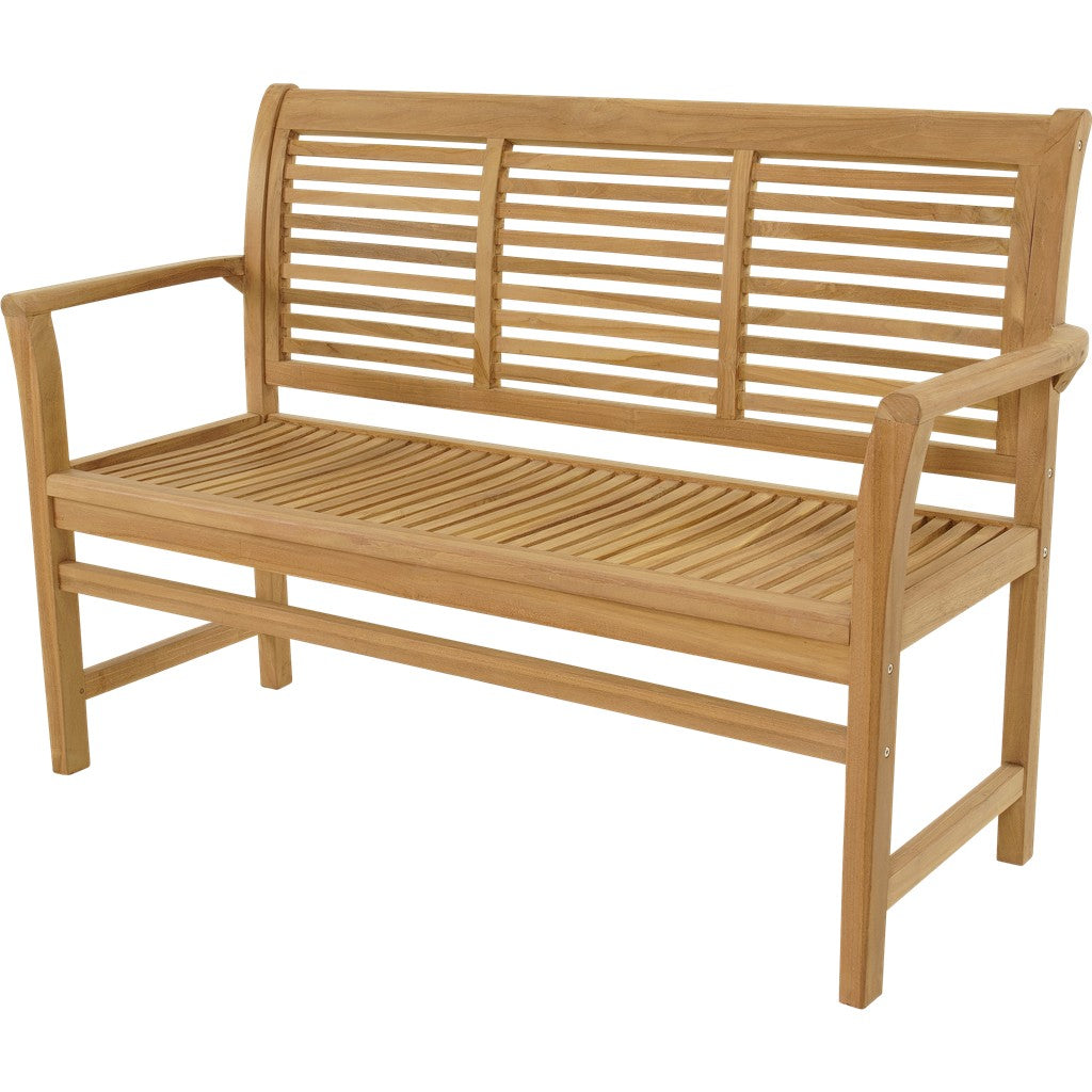 Teakhouten bank met horizontale lamellen op rug en zit, breedte 142 cm