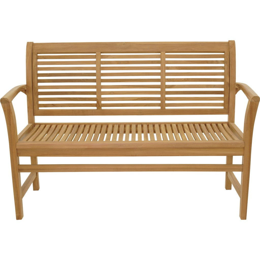 Teakhouten bank 142 cm met open rugleuning van horizontale latten en houten zitlatten