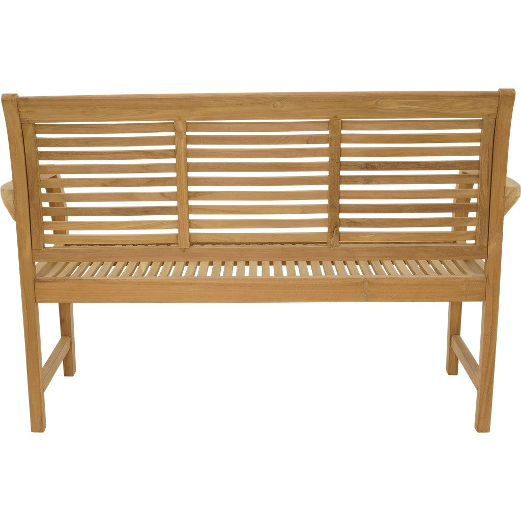 Teakhouten bank 142 cm met rechte armleuningen en horizontale latten op rug en zit