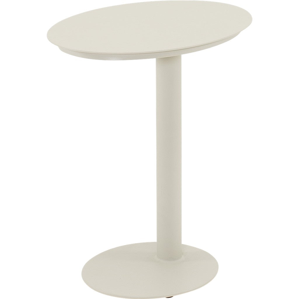 Witte ronde bijzettafel met effen blad en slanke centrale poot.