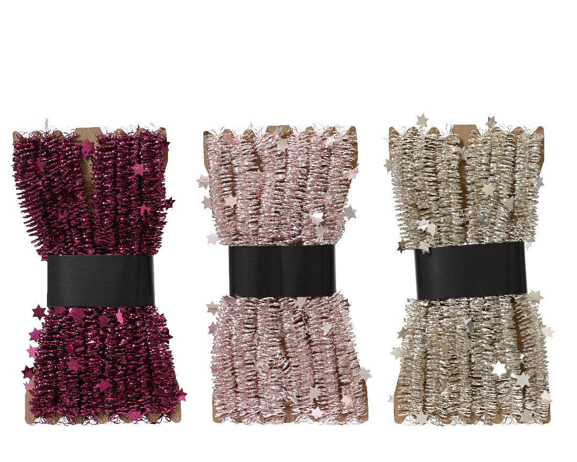 Lametta guirlande van pvc, 3 kleuren: paars, rosé en goudgrijs