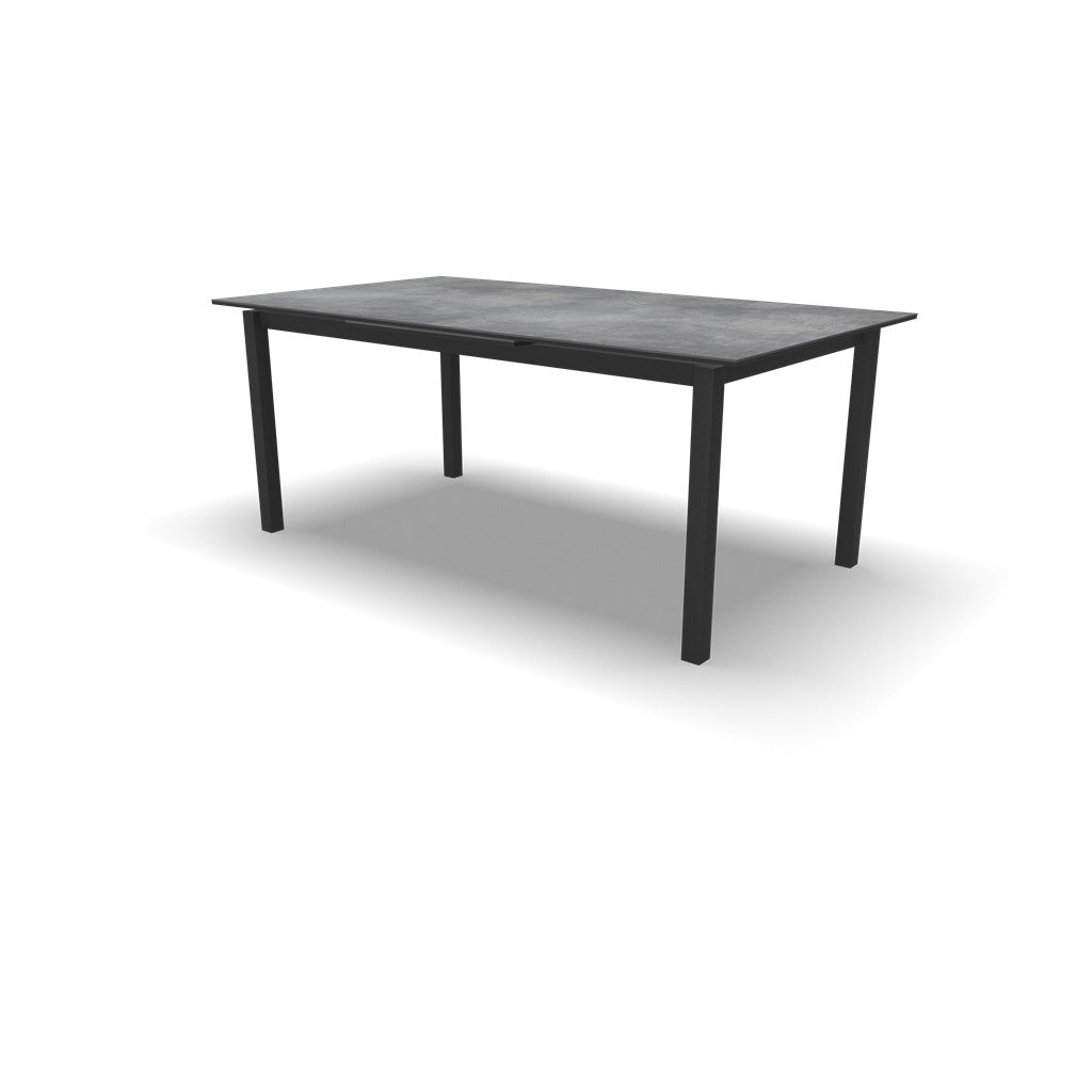 Uittrektafel met donkergrijs tafelblad en zwart onderstel, rechthoekig ontwerp