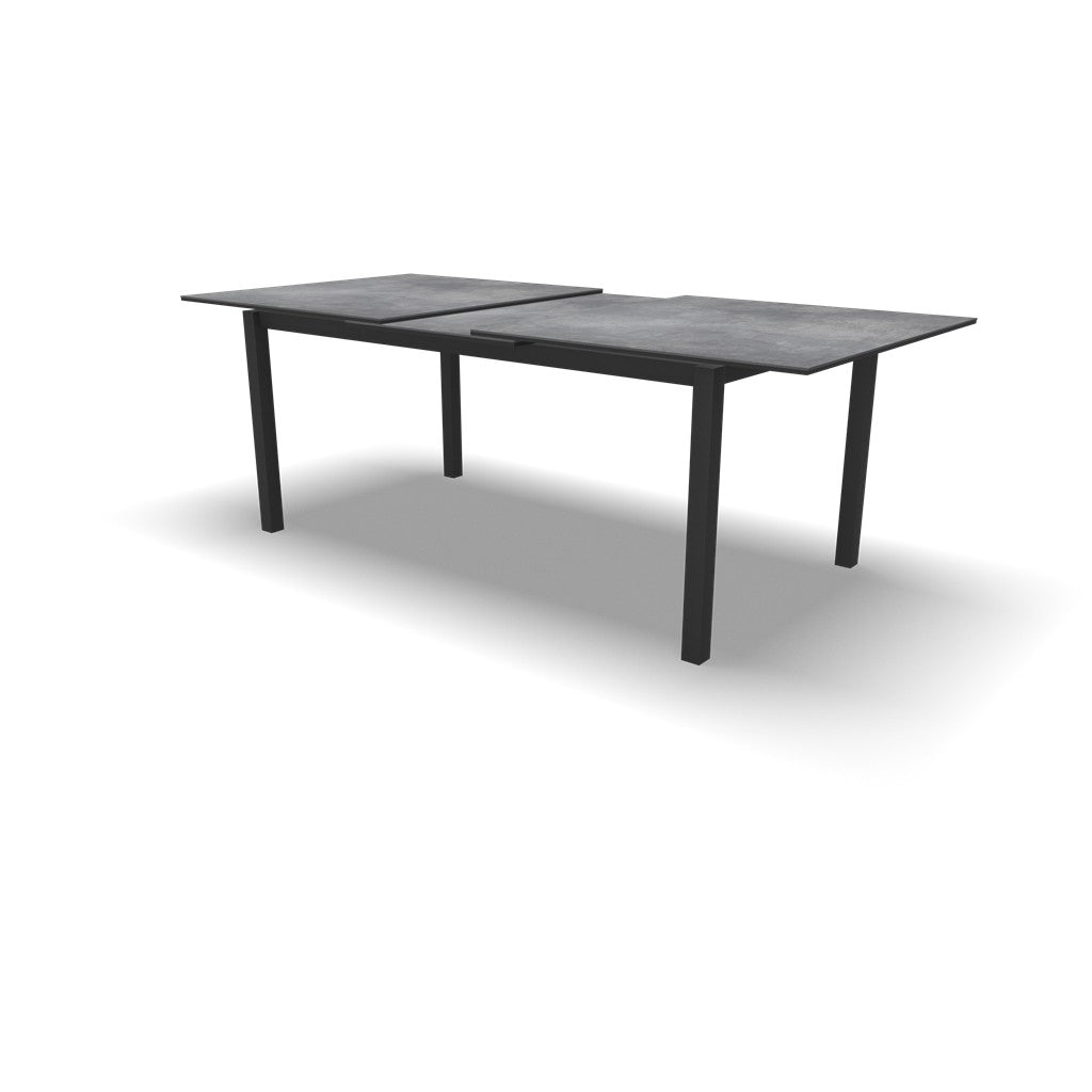Uittrektafel met open middeninleg, donkergrijs blad en zwart onderstel