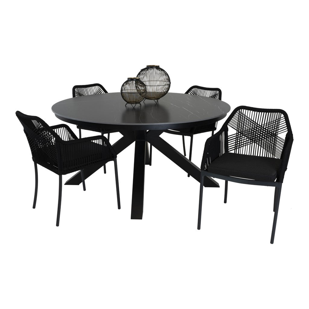 Ronde Portoro-tuintafel met grijs blad en stevig zwart onderstel, Ø158 cm