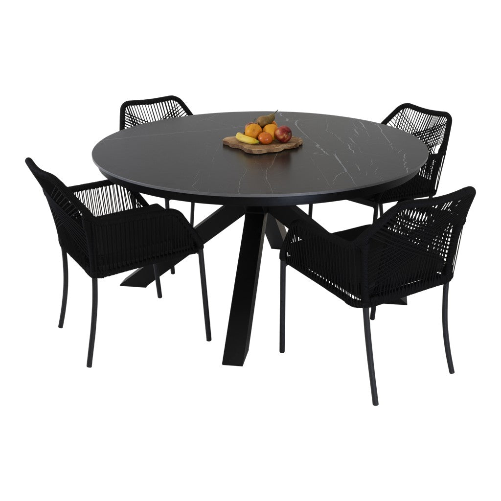 Ronde eettafel met donkergrijs blad en zwart onderstel met vier bijpassende stoelen