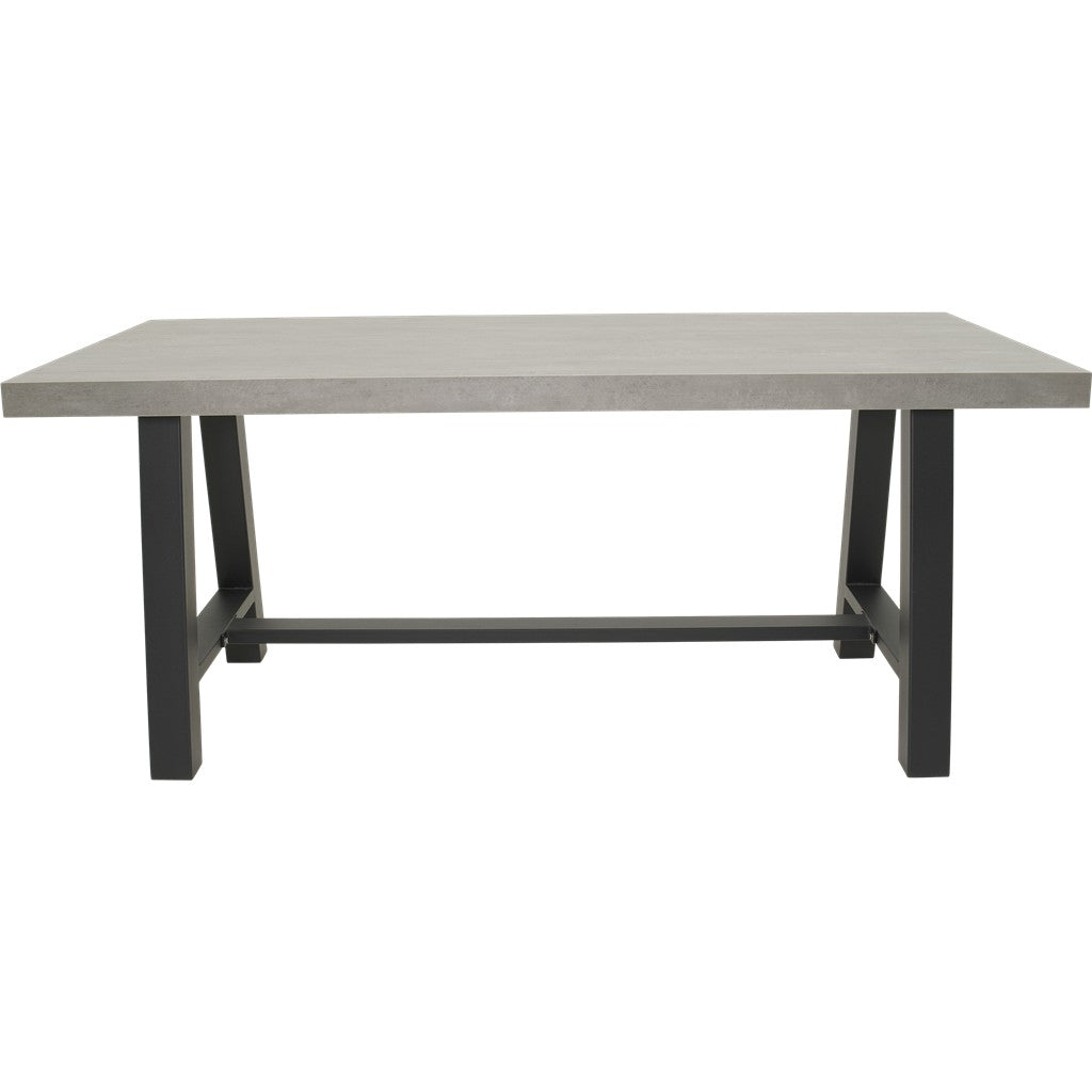 Rechthoekige eettafel met lichtgrijs blad en donkergrijze poten, lage dwarsbalk
