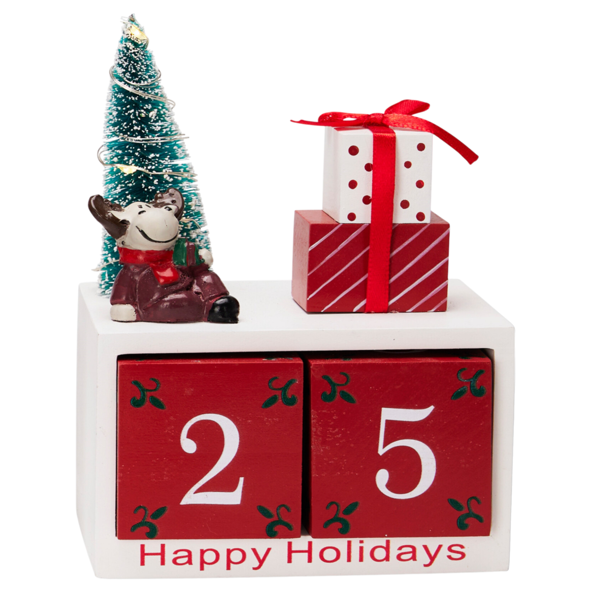 Adventkalender met LED-verlichting: blokken 2 en 5, kerstboom, beerfiguur en cadeautje