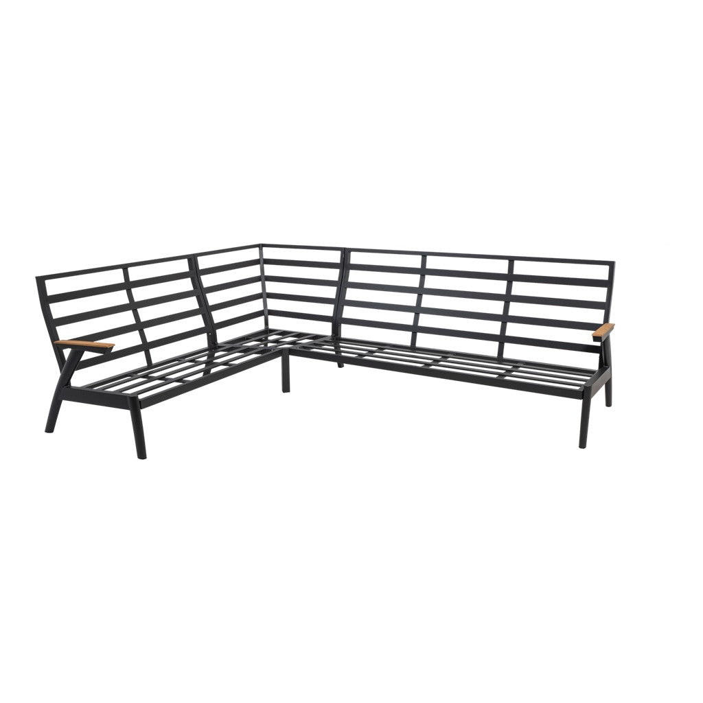 Hoekbank met zwart aluminium frame, open rug en gestoffeerde zitting