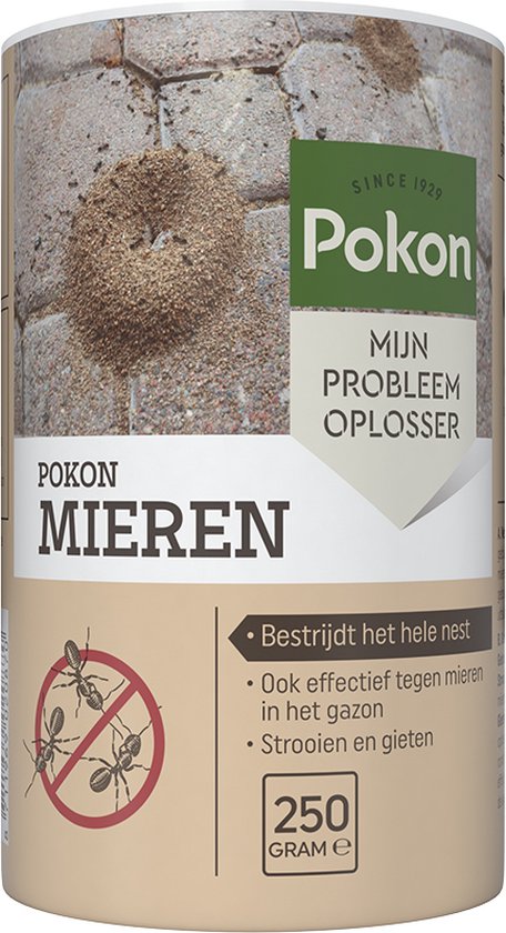 Pokon mierenkorrels-bus met beige verpakking en groen label