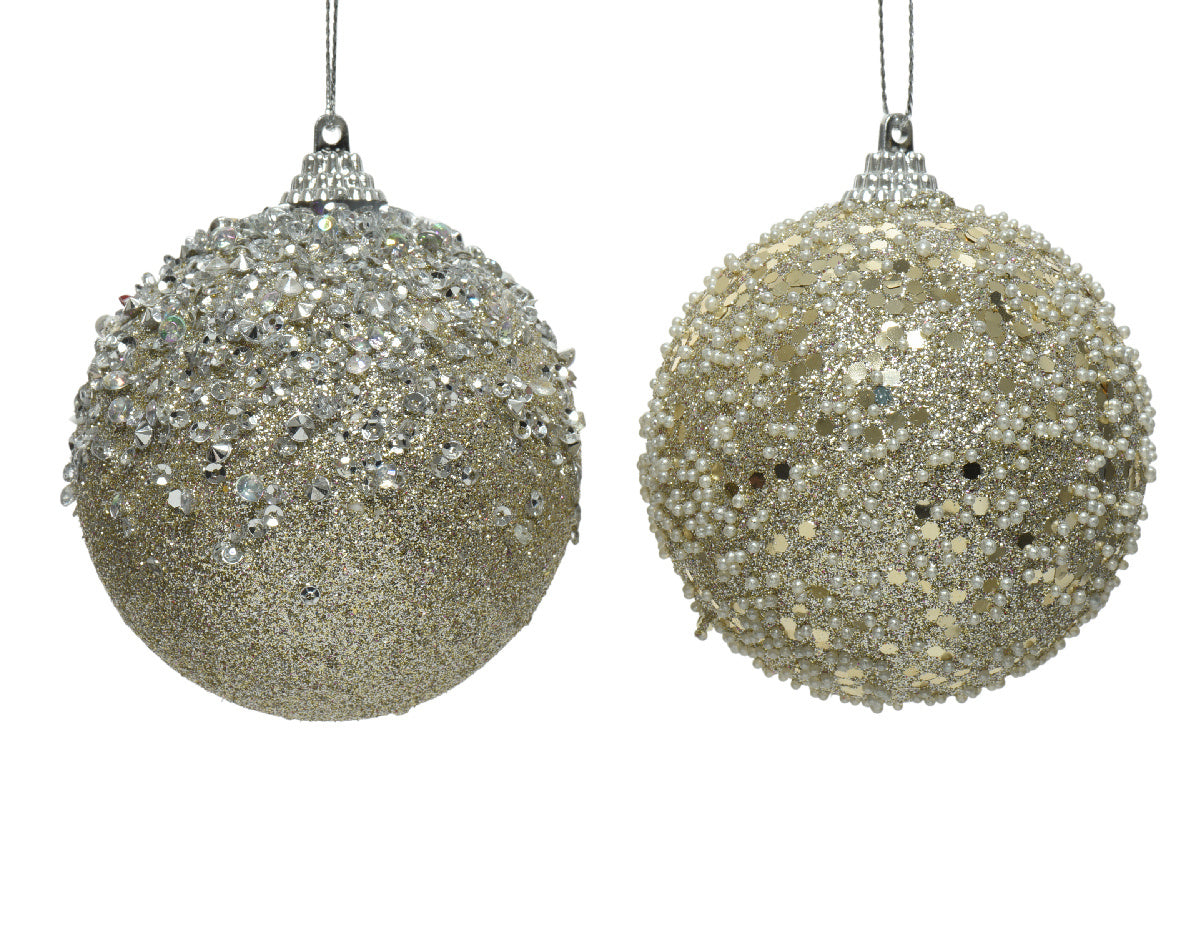Glitterkerstballen van schuim, zilverkleurig, set van 2 met ophanghaak