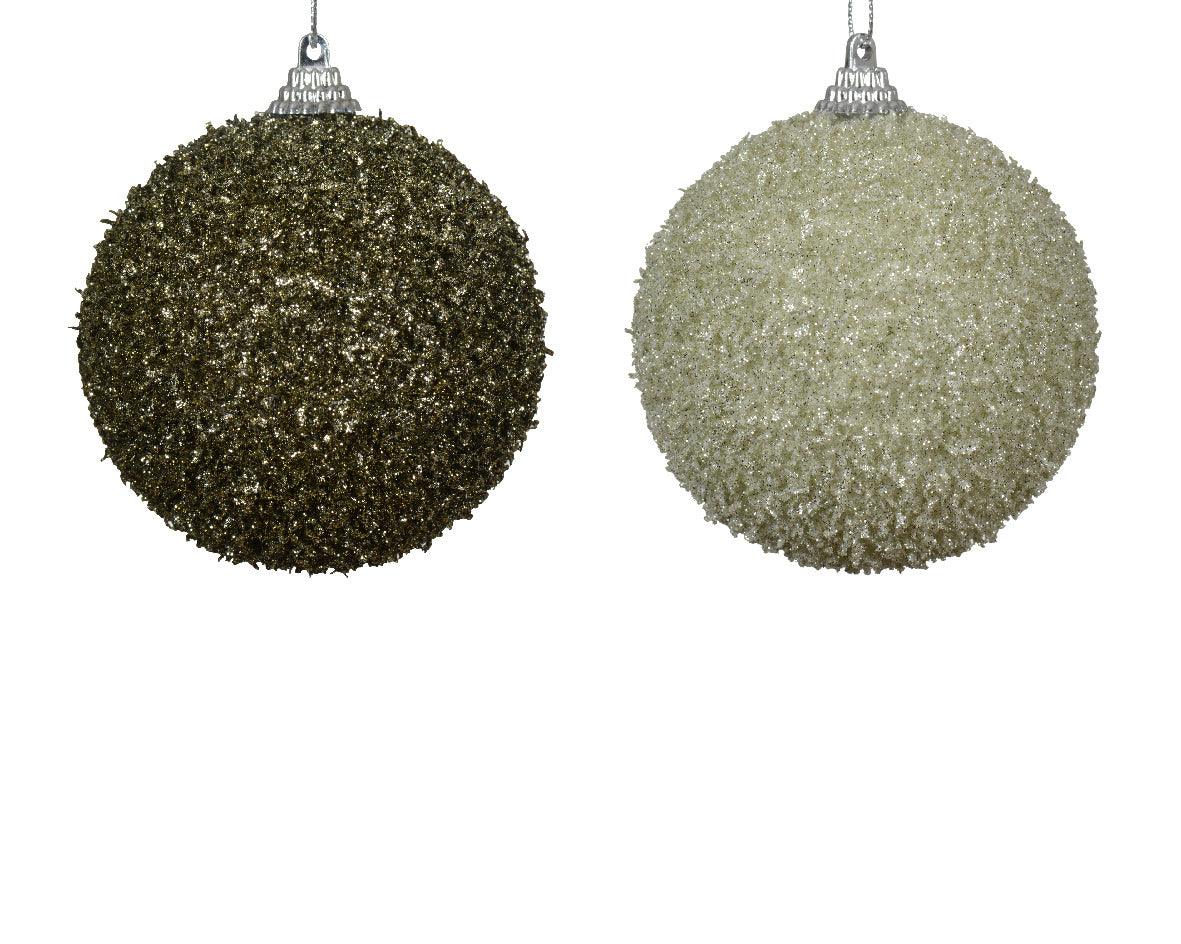 Glitterkerstballen van schuim, goud- en zilverkleurig, set van 2 met ophanghaak