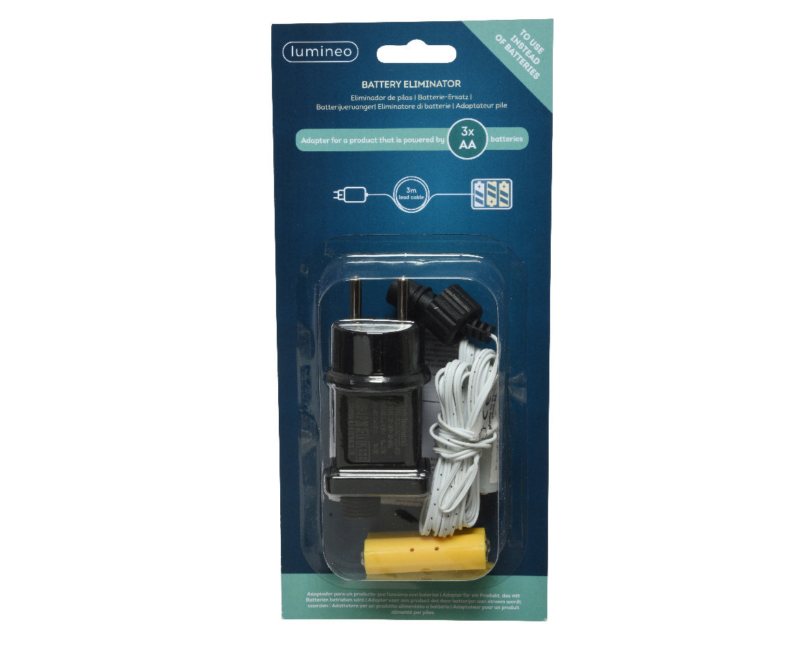 Batterijvervanger 3x AA met zwarte adapter en kabel op blisterverpakking