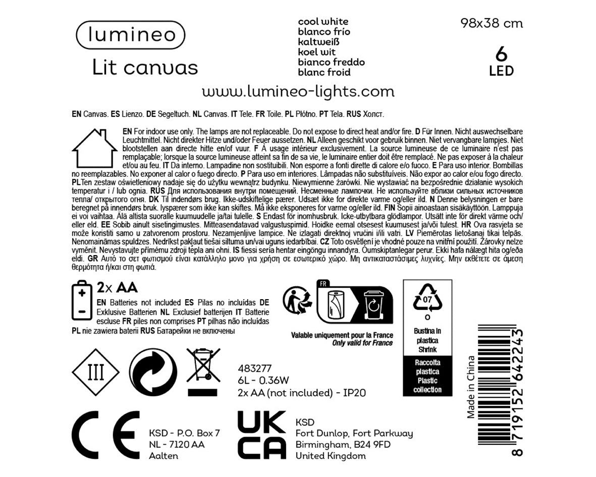 Specificatielabel van LED-canvas: 98×38 cm, 6 LED