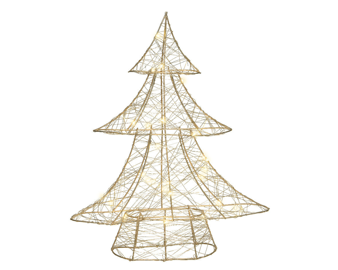 Metalen micro-LED kerstboom met draadstructuur, binnengebruik.