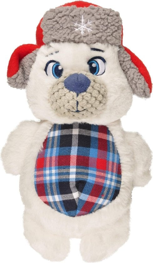 Knuffel beertje voor hond, wit met grijze muts en blauw-rode ruit