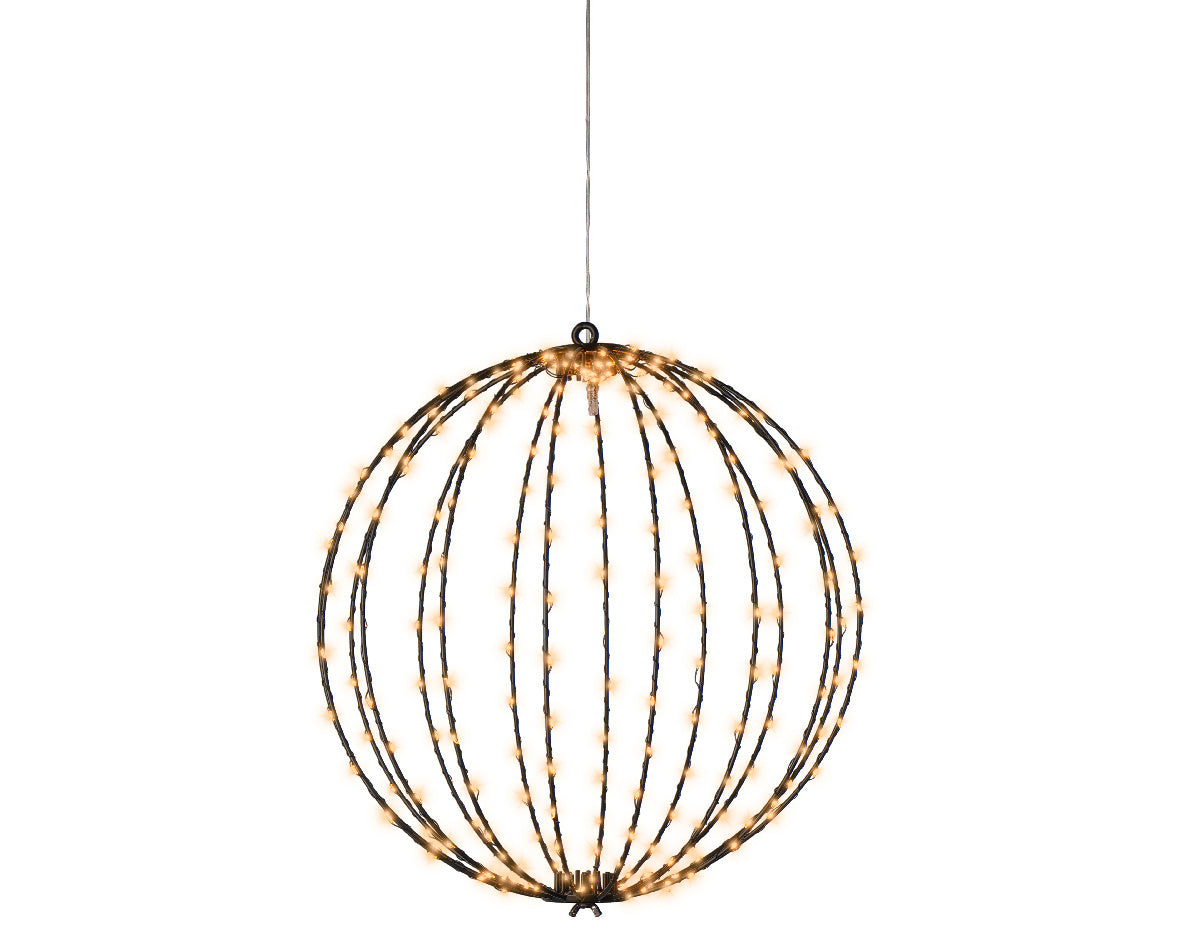 Metalen frame buitenlamp in bolvorm met micro-leds, warm licht, hangt aan haak