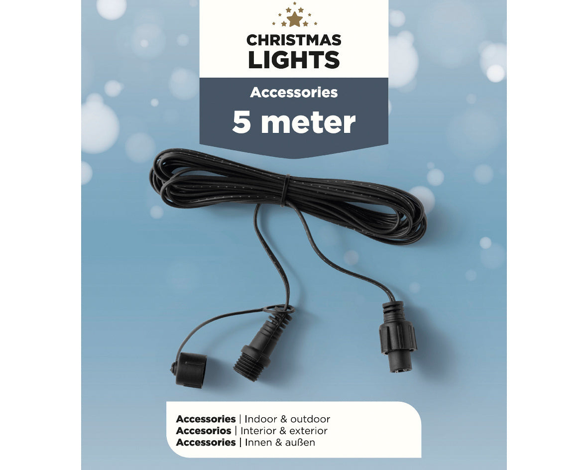 Zwart pvc verlengsnoer voor kerstverlichting, 5 meter, met twee stekkers