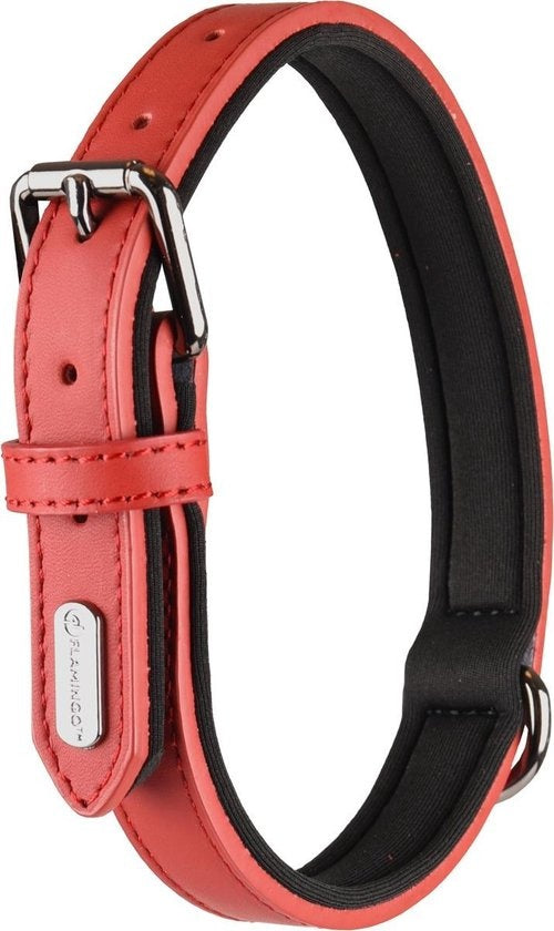Rode Flamingo Binti halsband met zwart binnenwerk en metalen gesp, verstelbaar