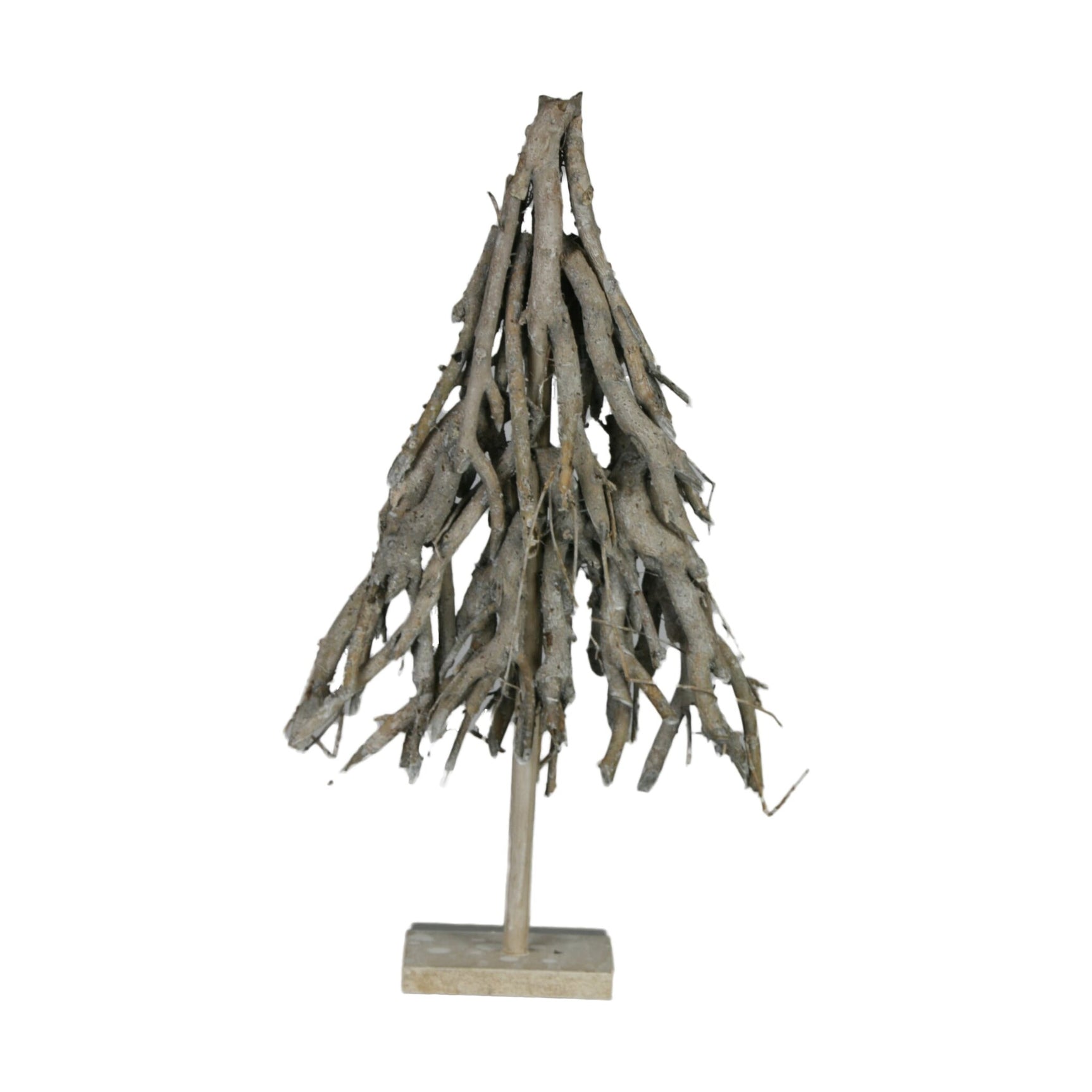Natuurhouten boomdecoratie met stammen en takken op houten voet, 56 cm hoog.
