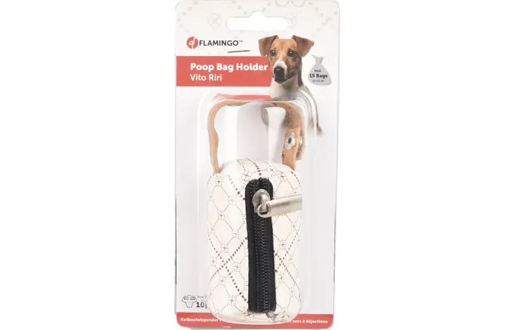 Verpakking van Flamingo poepzakhouder Vito beige met draagclip en houder