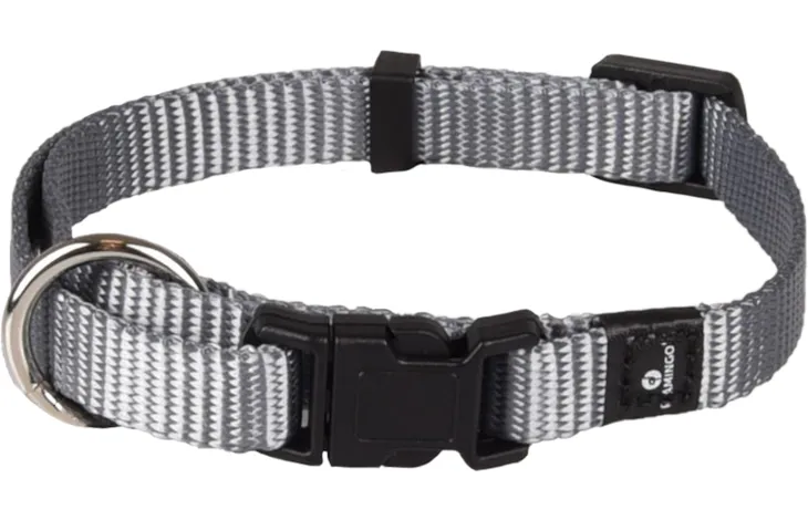 Grijze stoffen halsband met zwarte gesp, D-ring en verstelbare band