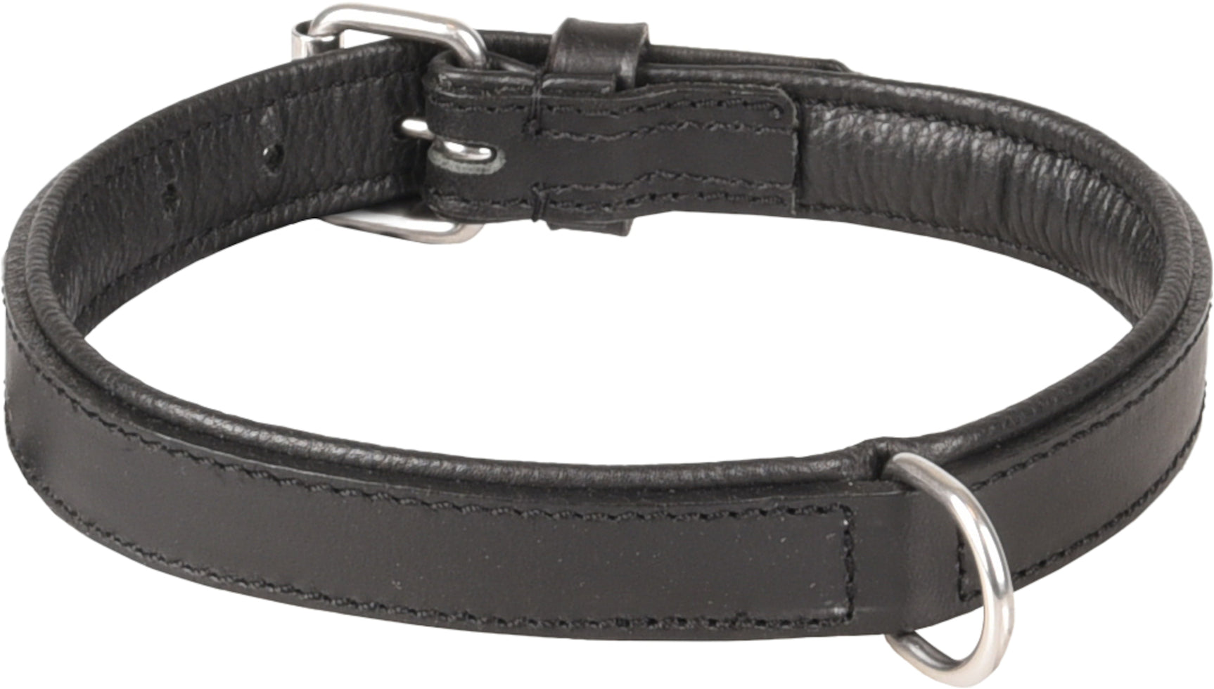 Gevoerde halsband van zwart leer met metalen ring, gesp en sierstiksels
