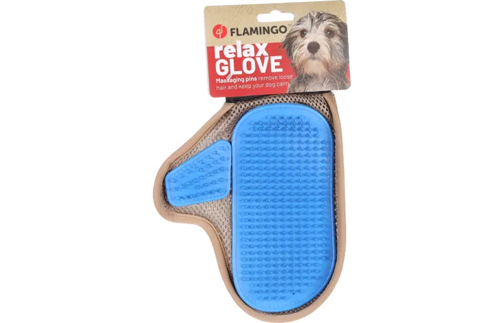 Massagehandschoen met blauwe noppen op palm en duim, beige achterzijde