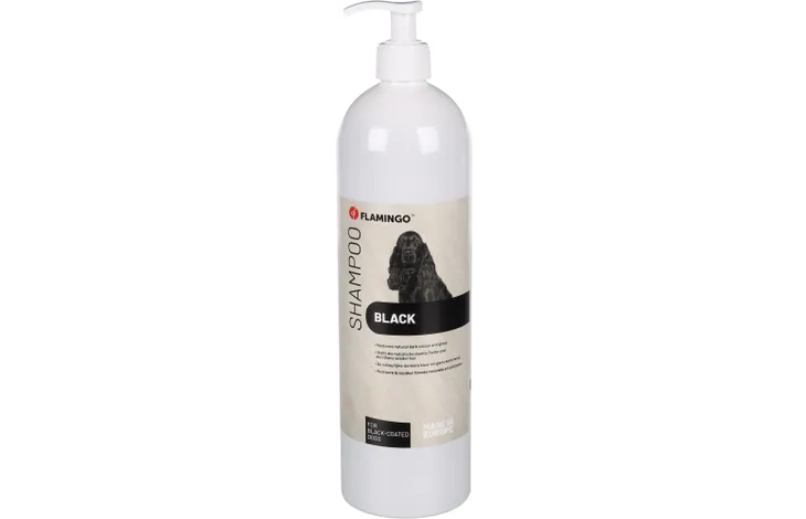 Flamingo shampoo fles met label voor zwarte vacht en pompdop