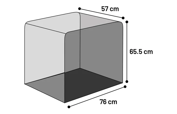 Fietskar met maatvoering van bak: 76 x 57 x 65,5 cm (lengte/breedte/hoogte).