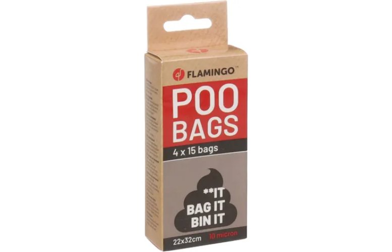 Flamingo Poo Bags poepzakken 4x15 stuks, zwarte zakverpakking