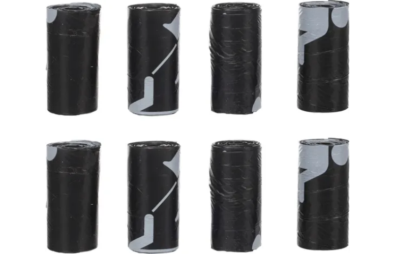 Zwarte poepzakrol met oprolbare afvalzakken, set van 8x15 stuks
