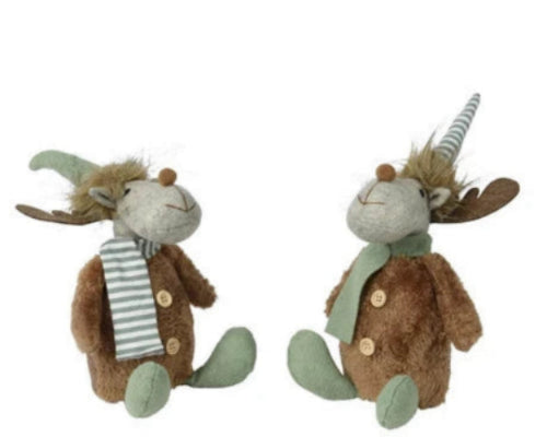 Pluche hert met gestreepte sjaal, bruine vacht en groene benen, 31 cm