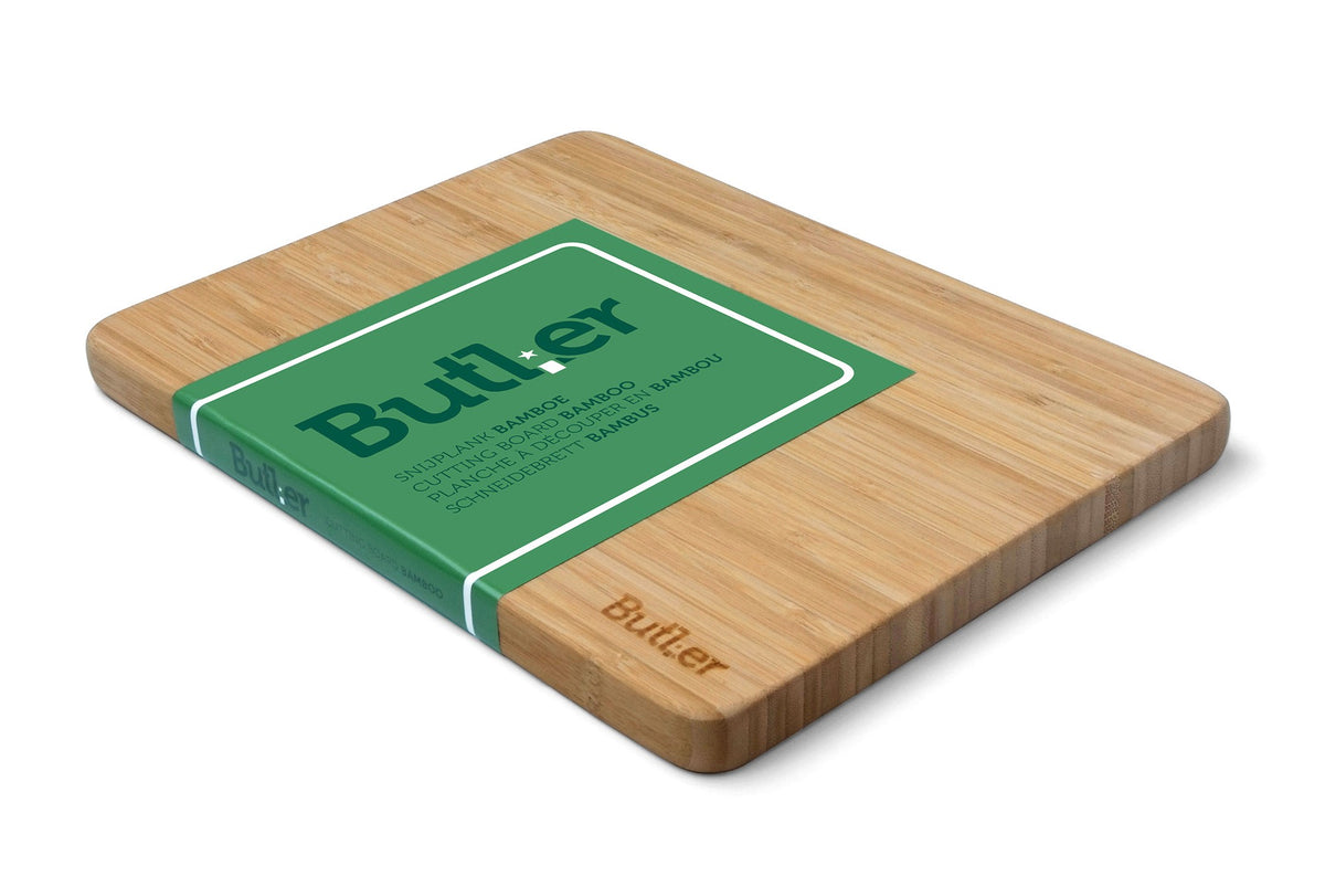 Bamboe snijplank 28 x 21 cm met Butcher-logo op oppervlak