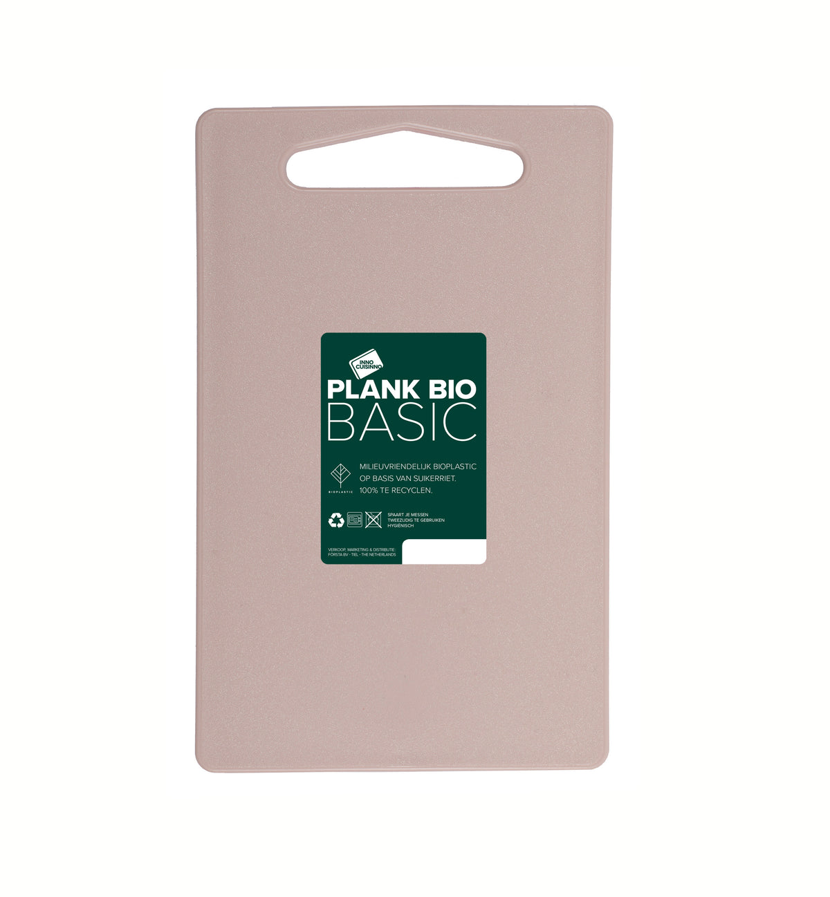 Grote roze snijplank met handgreepgat en Bio Basic-label
