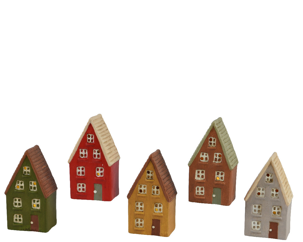 LED-huisjes, set van vijf in terracotta en diverse kleuren, decoratief voor binnen.