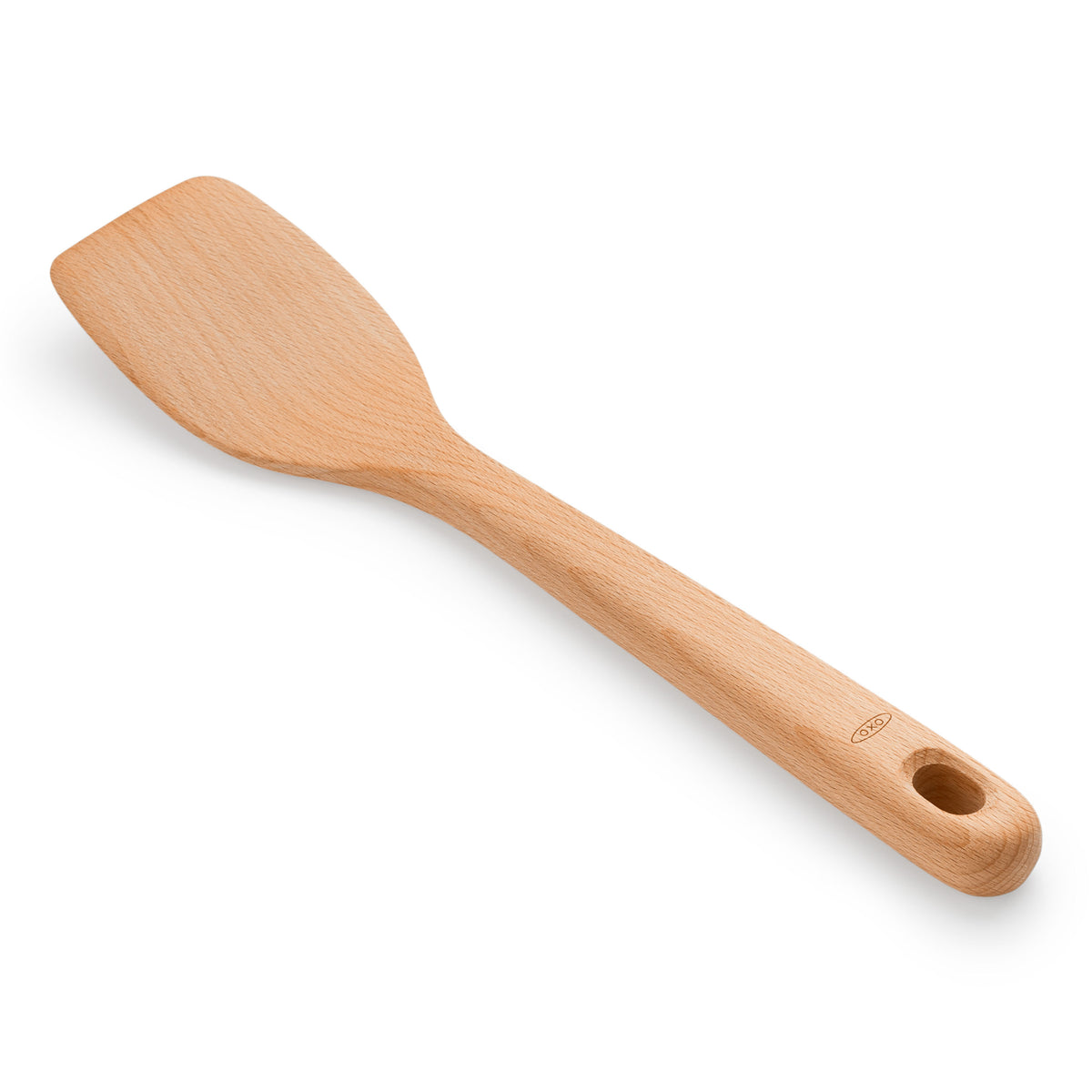 OXO houten spatel met rond ophanggat, brede lepelvormige kop
