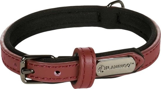 Flamingo halsband met roodleren band, zwarte voering en metalen gesp