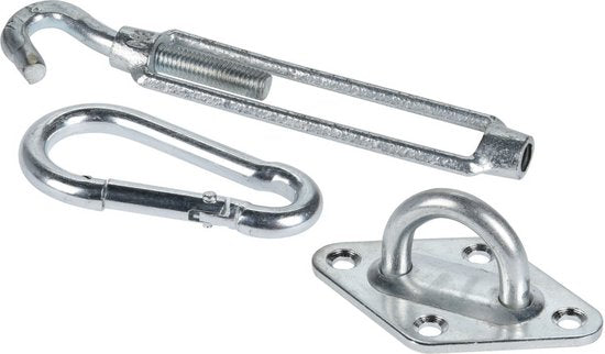Schaduwdoek ophangaccessoire met U-bout, klemplaat en bevestigingsgaten, verzinkt staal