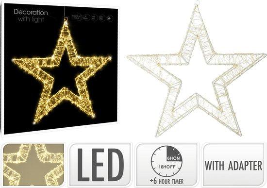 Verpakte metalen kerstster met ledverlichting en timer, warmwitte lichtdecor met adapter