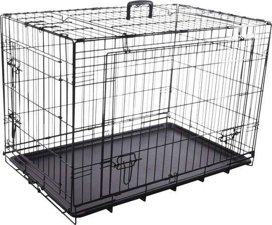 Flamingo hondenbench, opvouwbare zwart metalen draadkooi met zwarte lade en deur