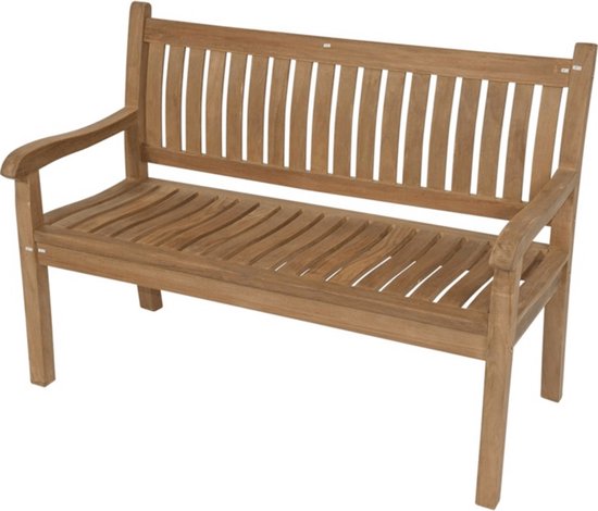 Teak tuinbank met gebogen zijarmen, geprofileerde rug en zitting van lamellen