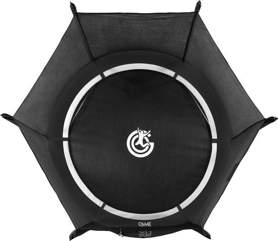 Zwarte trampoline-onderzijde met ronde lijnen en centraal sportlogo