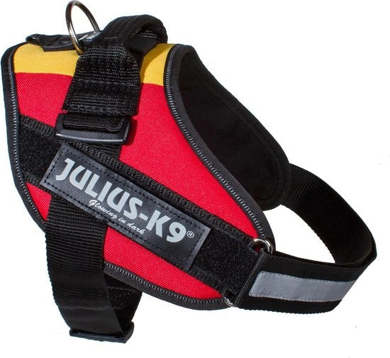 Julius K9 IDC harnas met rood en zwart vlak, zwarte riem en verstelgesp